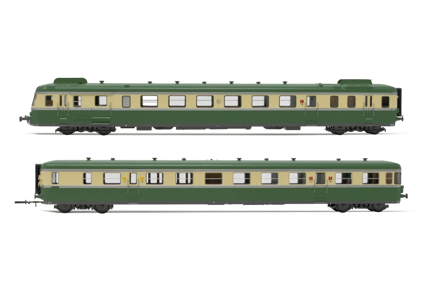SNCF, autorail à 2 voitures RGP II X 2719 avec remorque XRAB 7708, avec déflecteurs de fumée, livrée vert/beige, ép. IV