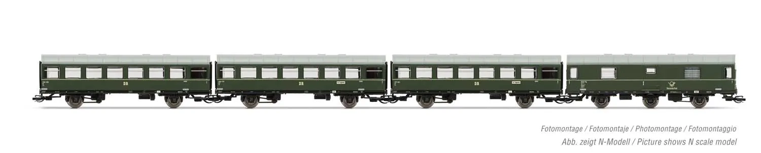 DR, 4-unit pack coaches "Rekowagen", contains one post van and three 2-axle coaches, dark green livery with one decor line, period III