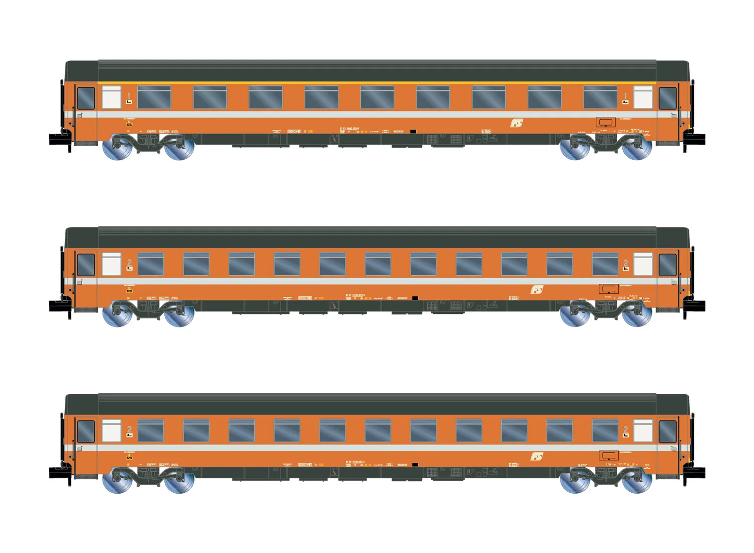 FS, 3-tlg. Set Reisezugwagen UIC-Z Eurofima in „C1”-Lackierung, bestehend aus 1 x 1.Klasse Wagen und 2 x 2.Klasse Wagen, Ep. IV-V
