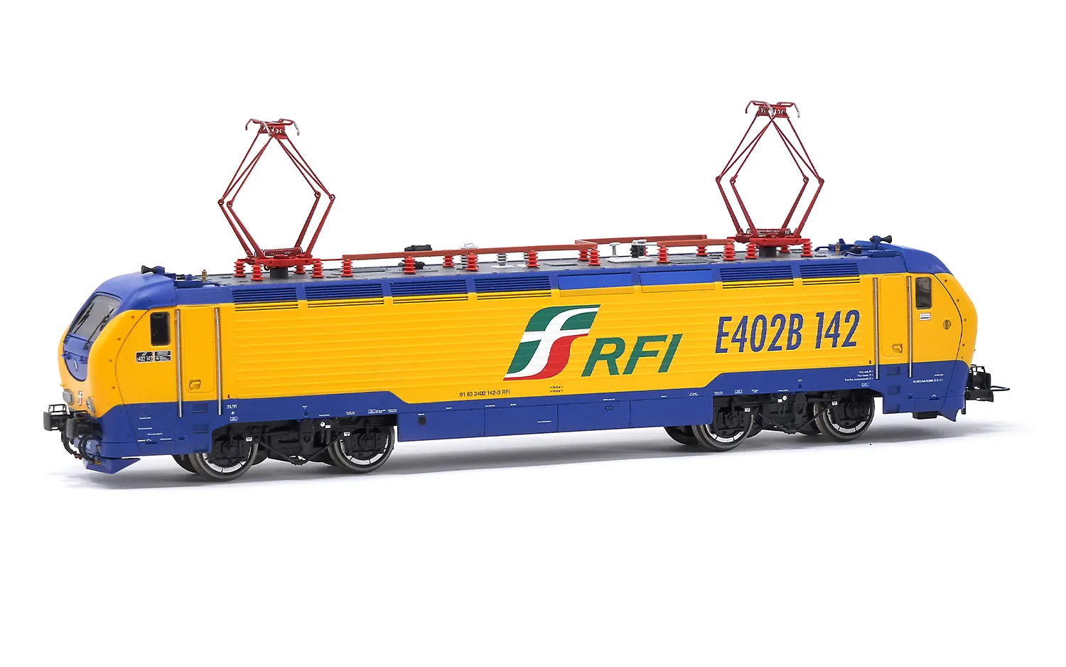 FS RFI, locomotiva elettrica E.402B, livrea gialla/blu, ep. VI