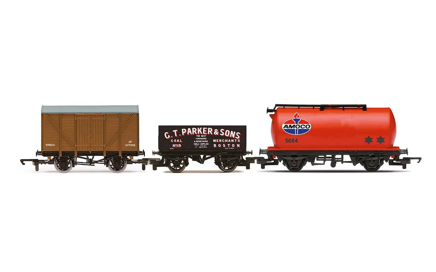 RailRoad Triple Wagon Pack, Mixed Wagons with Box Van - Era 3