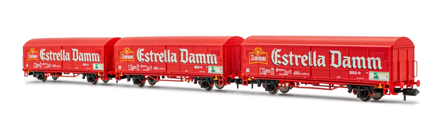 RENFE, coffret de 3 wagons fermés JPD, livrée rouge "Estrella Damm", ép. V