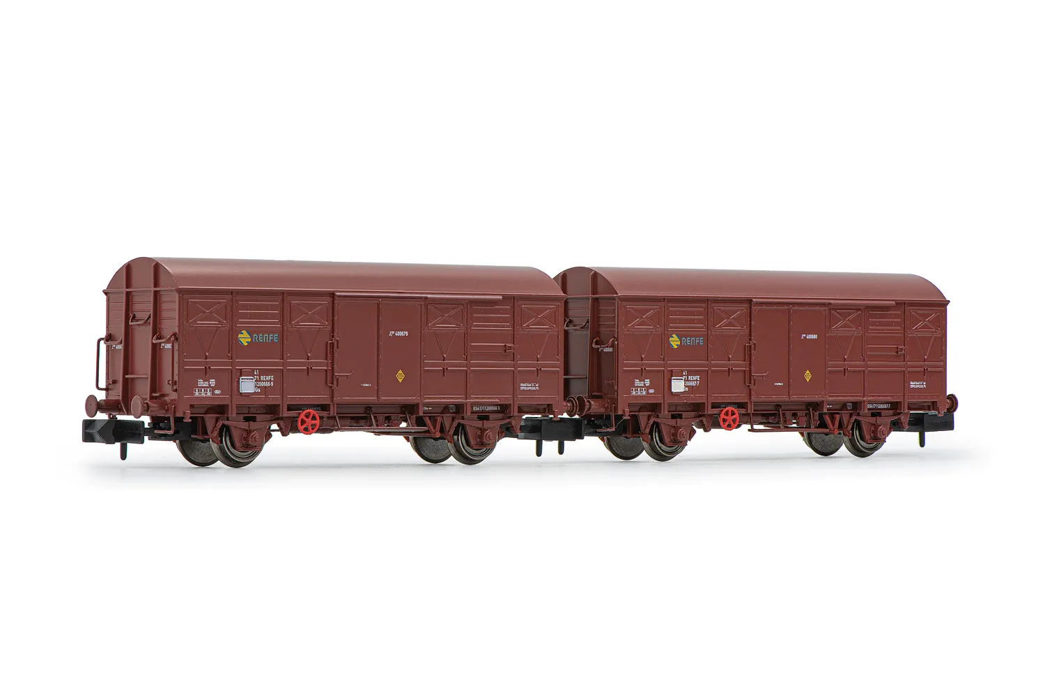 RENFE, 2-tlg. Set gedeckte Güterwagen ORE, in brauner Lackierung, Ep. IV