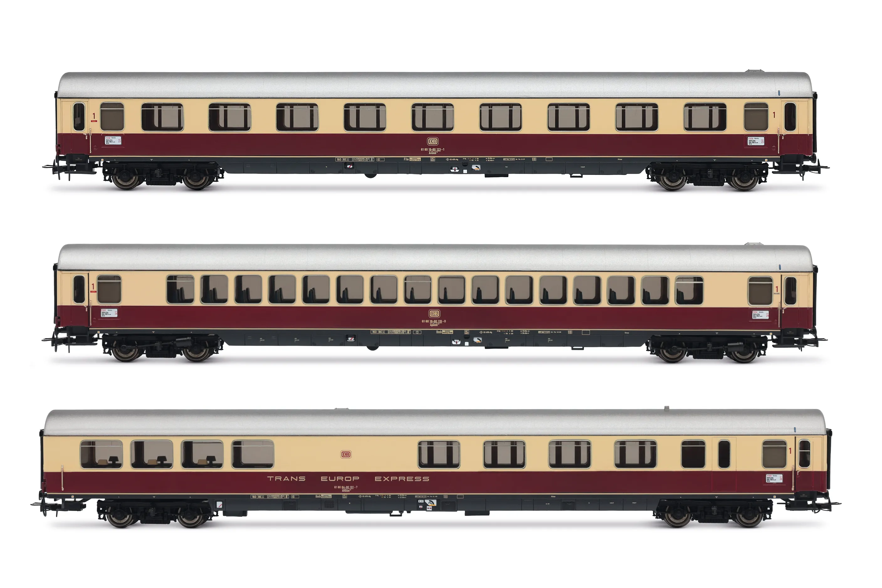 DB, 3-tlg. Set Reisezugwagen „TEE Helvetia” Hamburg-Zurich, in „TEE”-Lackierung, bestehend aus 1 x ARDümh¹⁰⁵, 1 x Apümh¹²¹ und 1 x Avümh¹¹¹, Ep. IV
