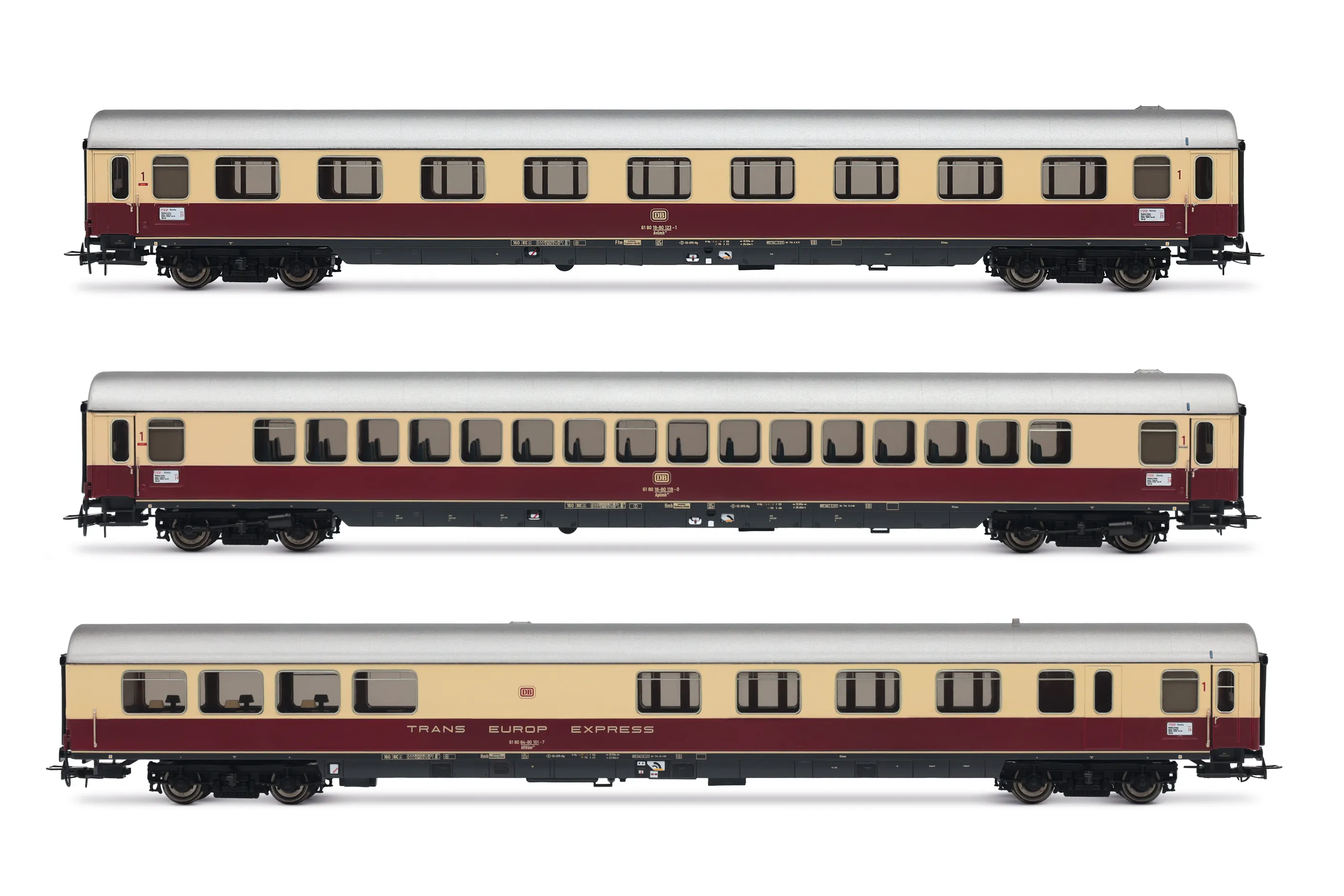 DB, set di 3 carrozze “TEE Helvetia” Amburgo-Zurigo, livrea “TEE”, composto da 1 carrozza ARDümh¹⁰⁵, 1 carrozza Apümh¹²¹ e 1 carrozza Avümh¹¹¹, ep. IV