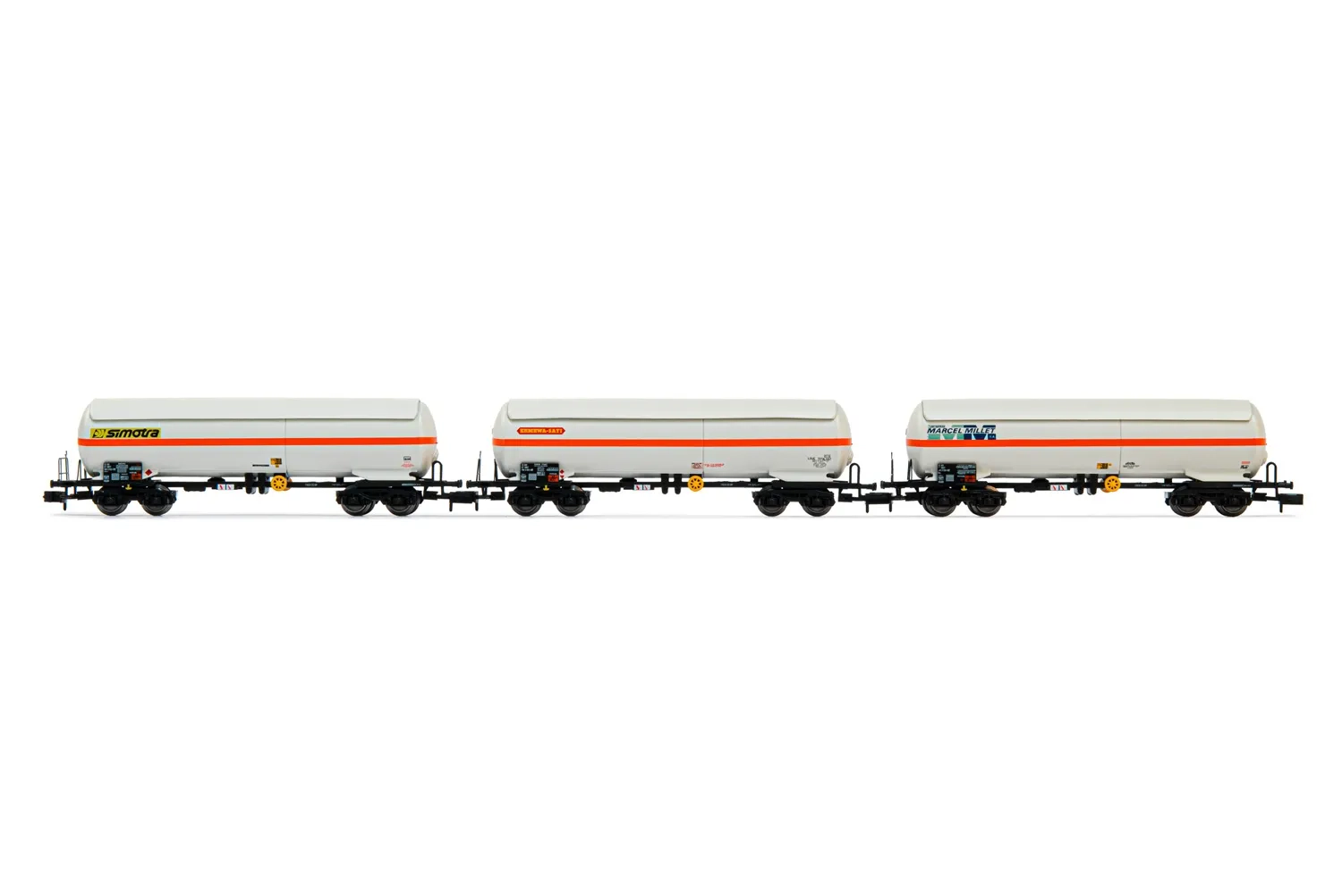 SNCF, 3-unit 4-axle gas tank wagons, contains 1 x "ERMEWA SATI", 1x "Millet" and 1 x "simotra", period IV-V