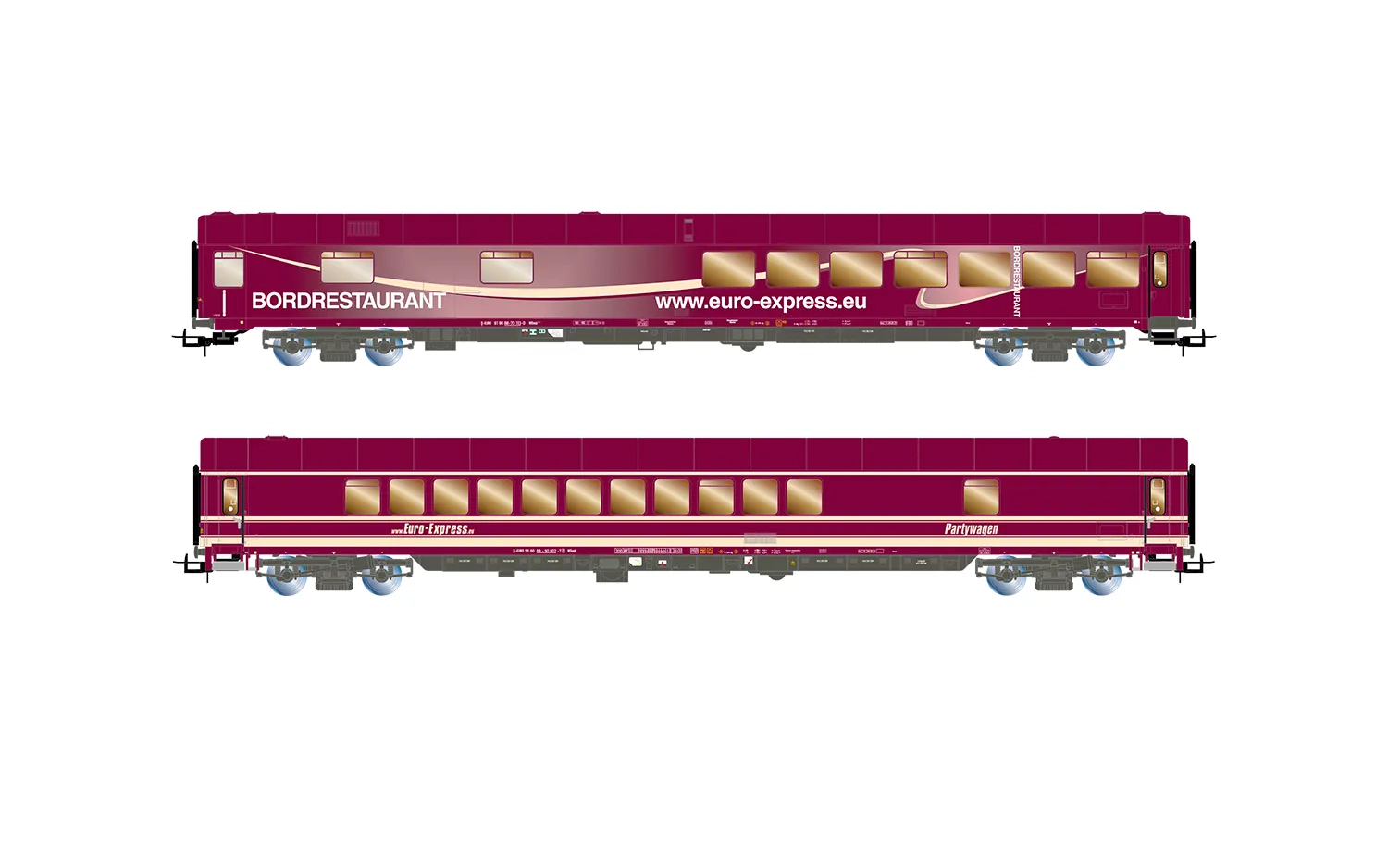 Euro-Express, 2-tlg. Set Reisezugwagen, bestehend aus 1 x Partywagen WGmh804/854 und 1 x Speisewagen WRmh132, Ep. VI