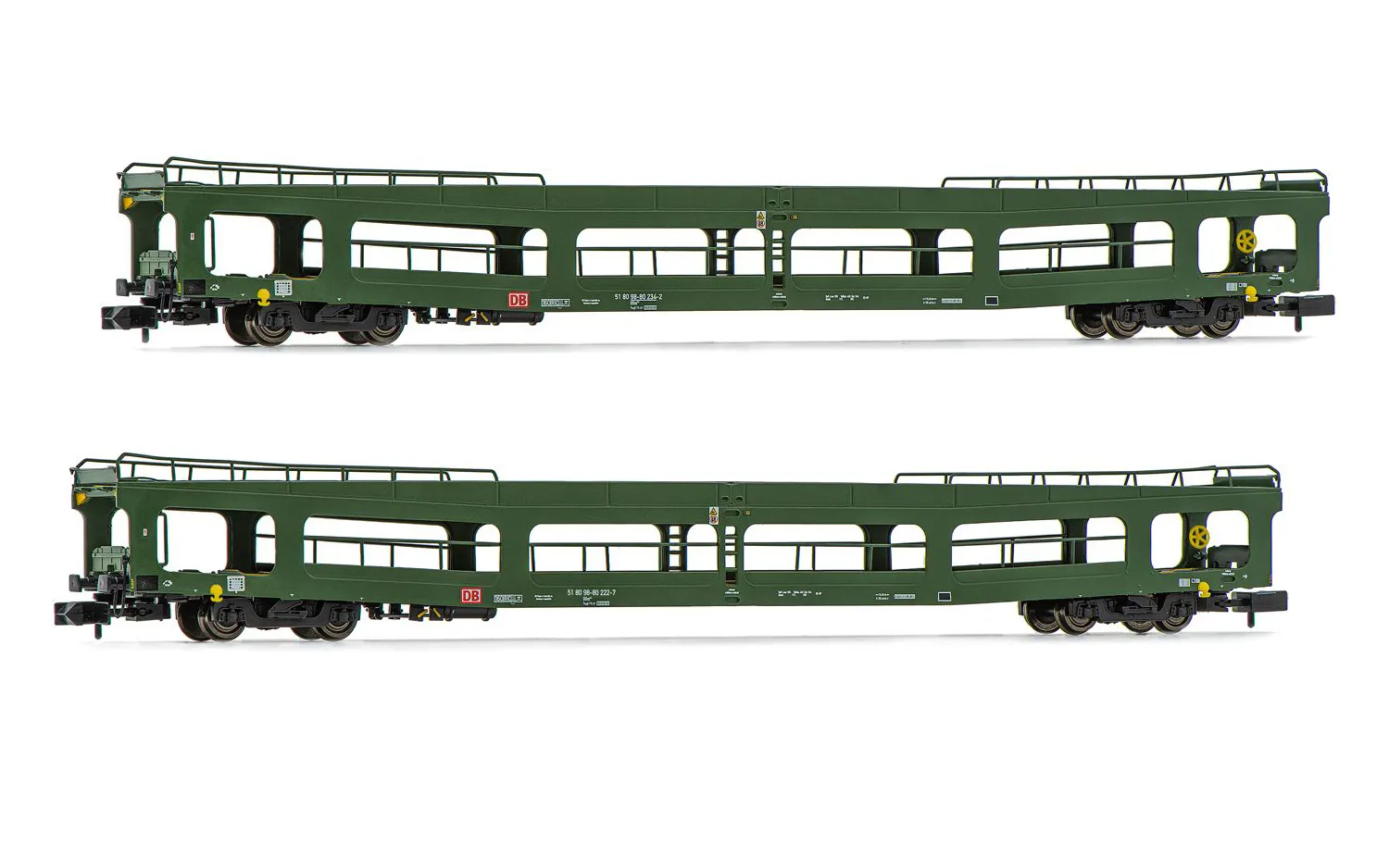 DB AG, set de 2 unidades, vagón plataforma DDm para coches, decoración verde, ép. V