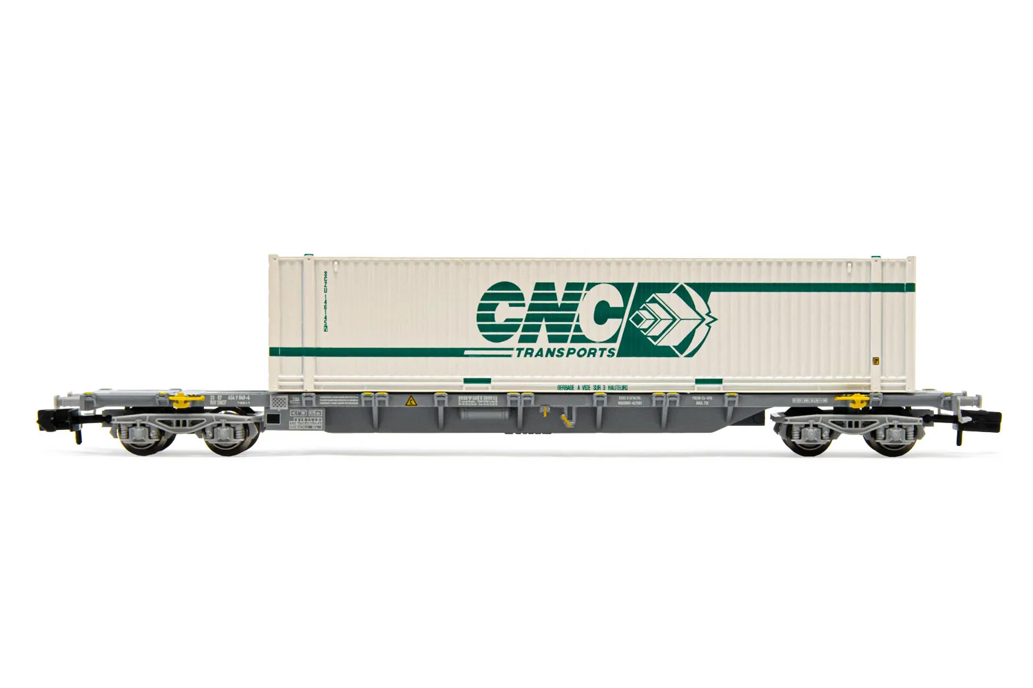SNCF, carro porta container da 60 piedi a 4 assi Novatrans Sgss, con container "CNC" da 45 piedi, ep. V