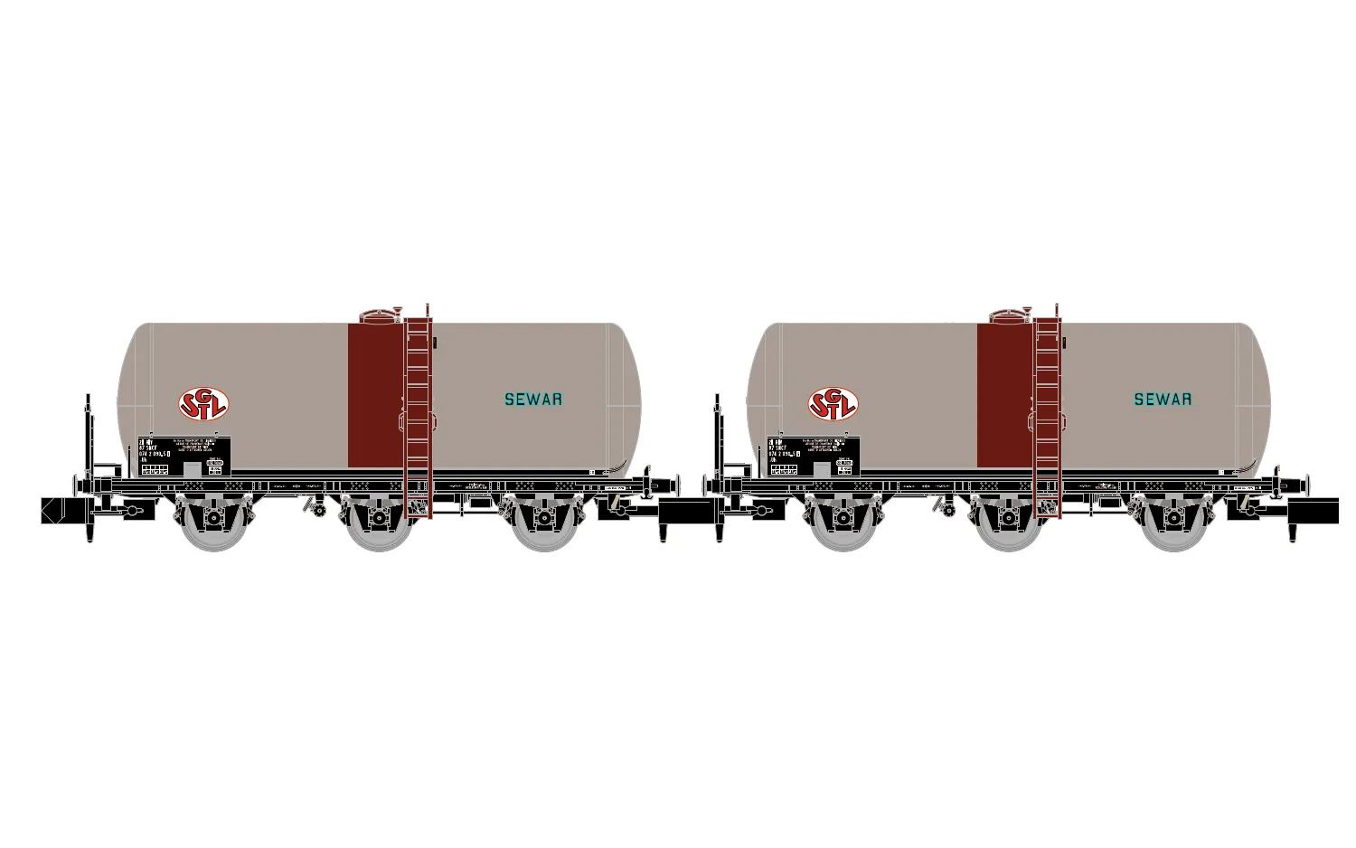 SNCF, 2-tlg. Set dreiachsiger Weinkesselwagen, „SGTL SEWAR“, Ep. IV