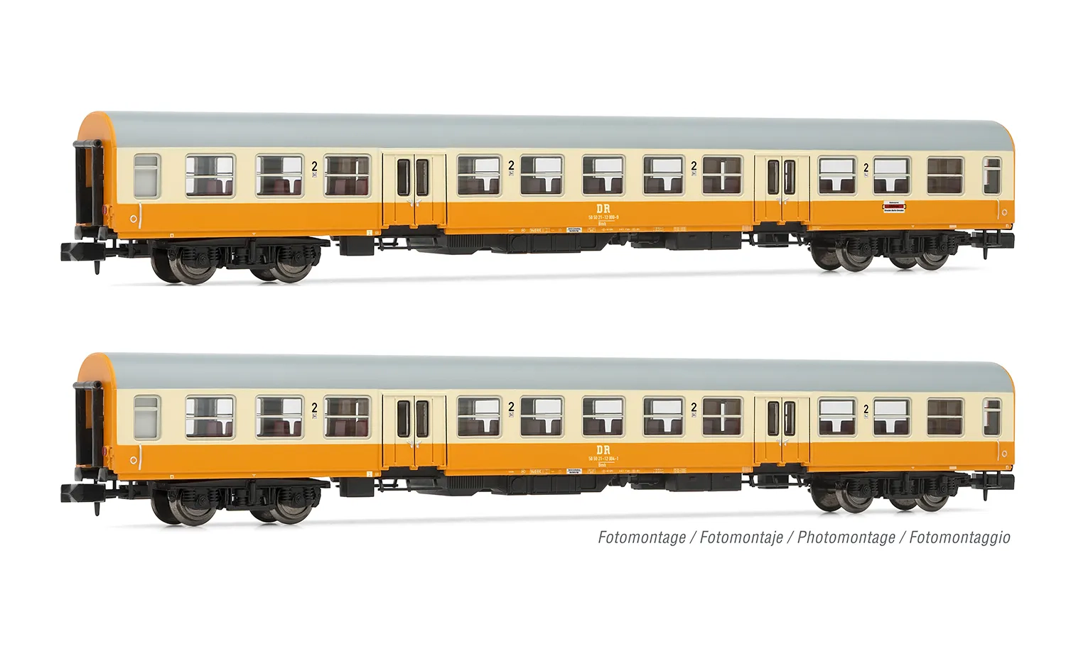 DR, 2-unit set of "Städte-Express" coaches, orange/beige livery, including 2 x Bmhe coaches, period IV
