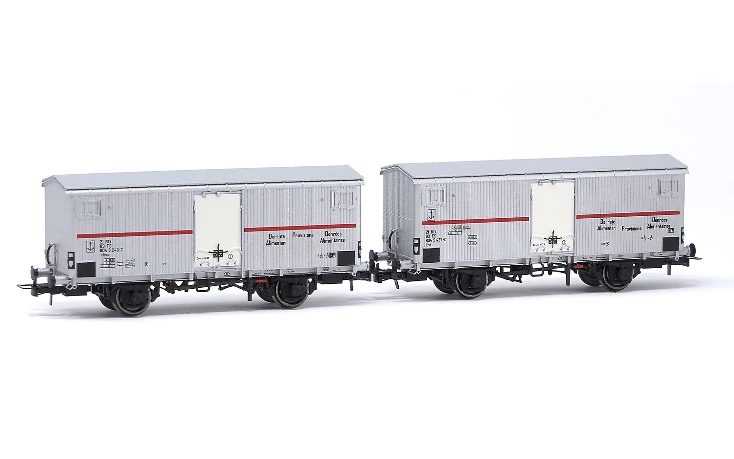 FS, 2-unit pack refrigerated wagons Ifms 2-axles without brakeman's cab, metallic doors, silver, red stripe, ep. IV
