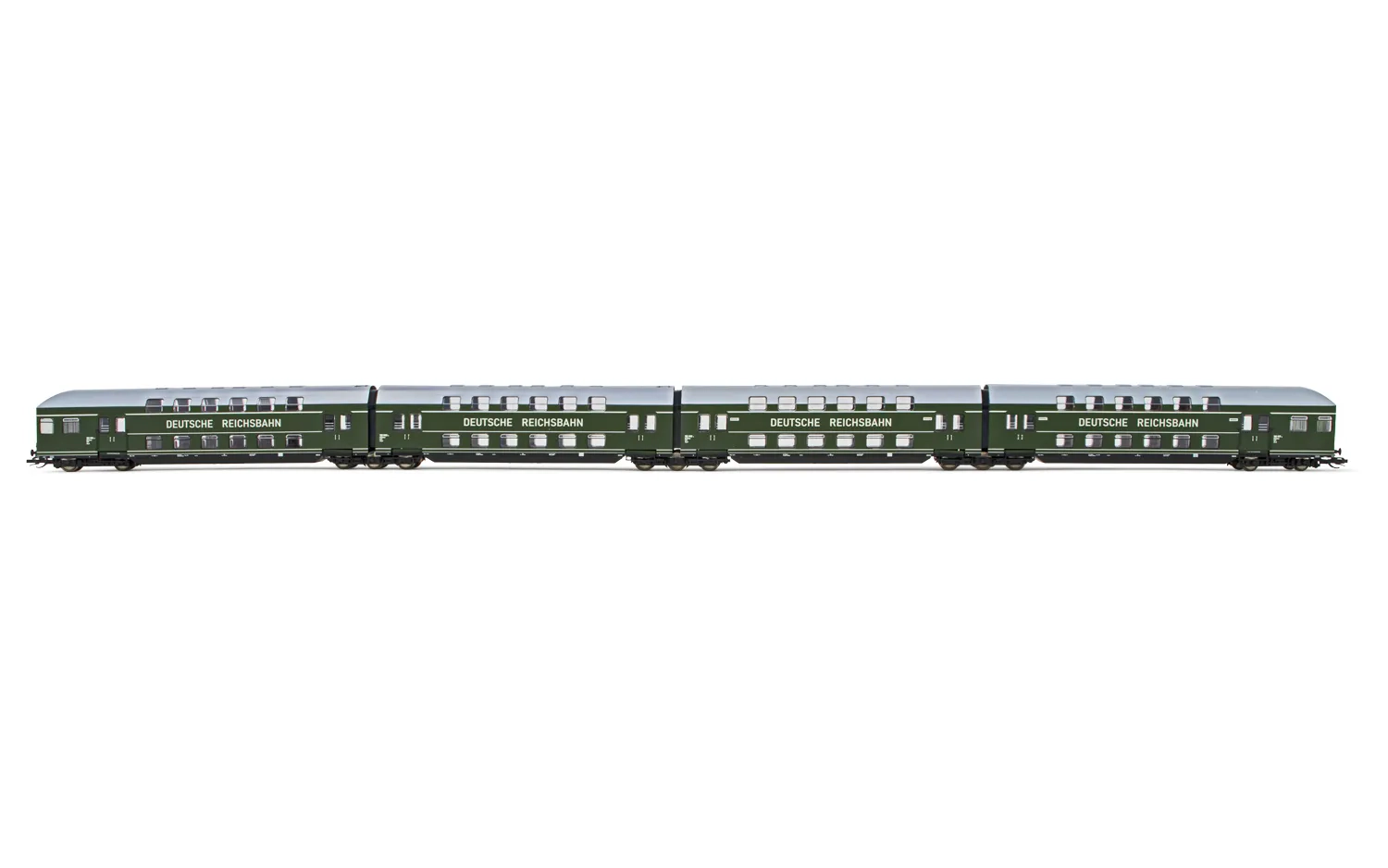 DR, 4-unit set of double-decker coaches with six air-vent roofs, dark green livery, period III