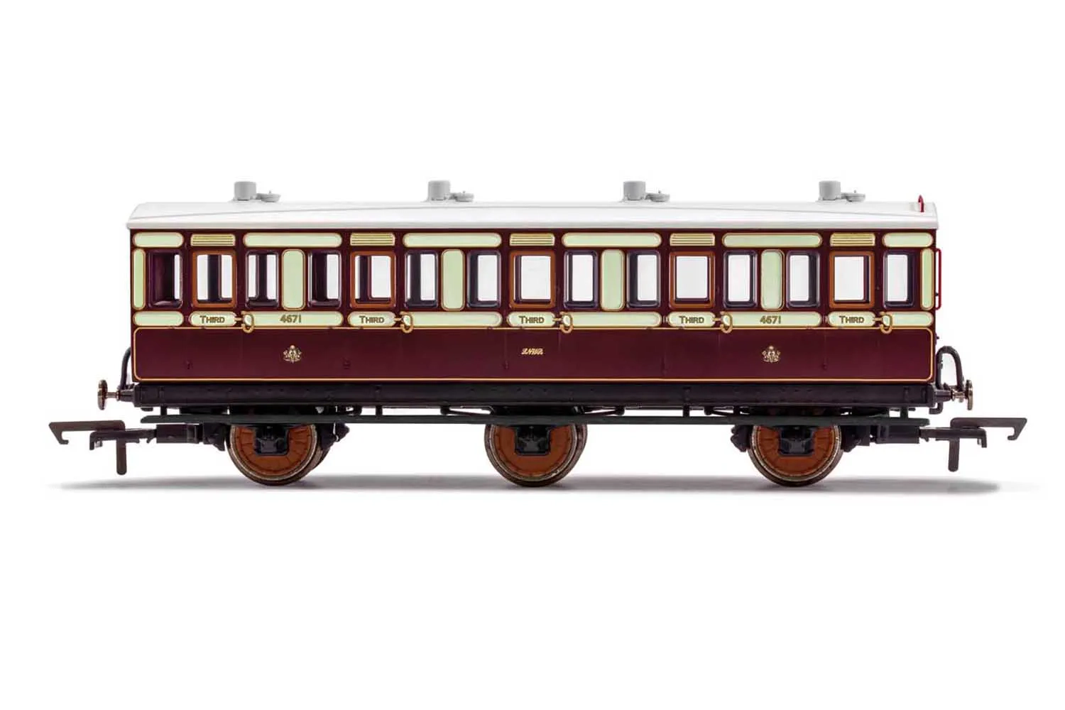 LNWR, 6 Wheel Coach, 3rd Class, Fitted Lights, 4671 - Era 2