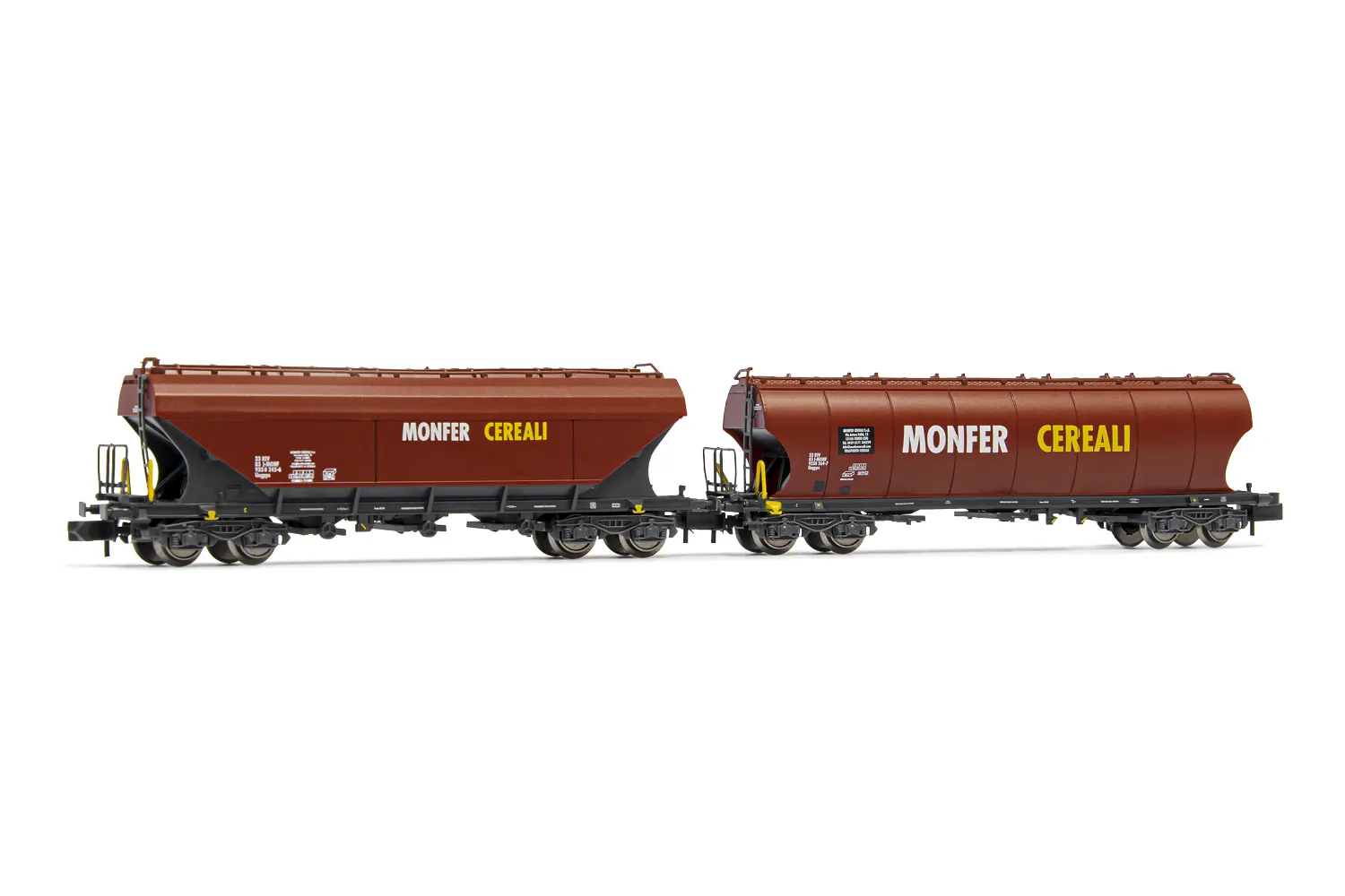 FS, 2-unit pack 4-axle silo wagons, one with flat- and one with rounded side walls, "MONFER CEREALI", dark red livery, period VI