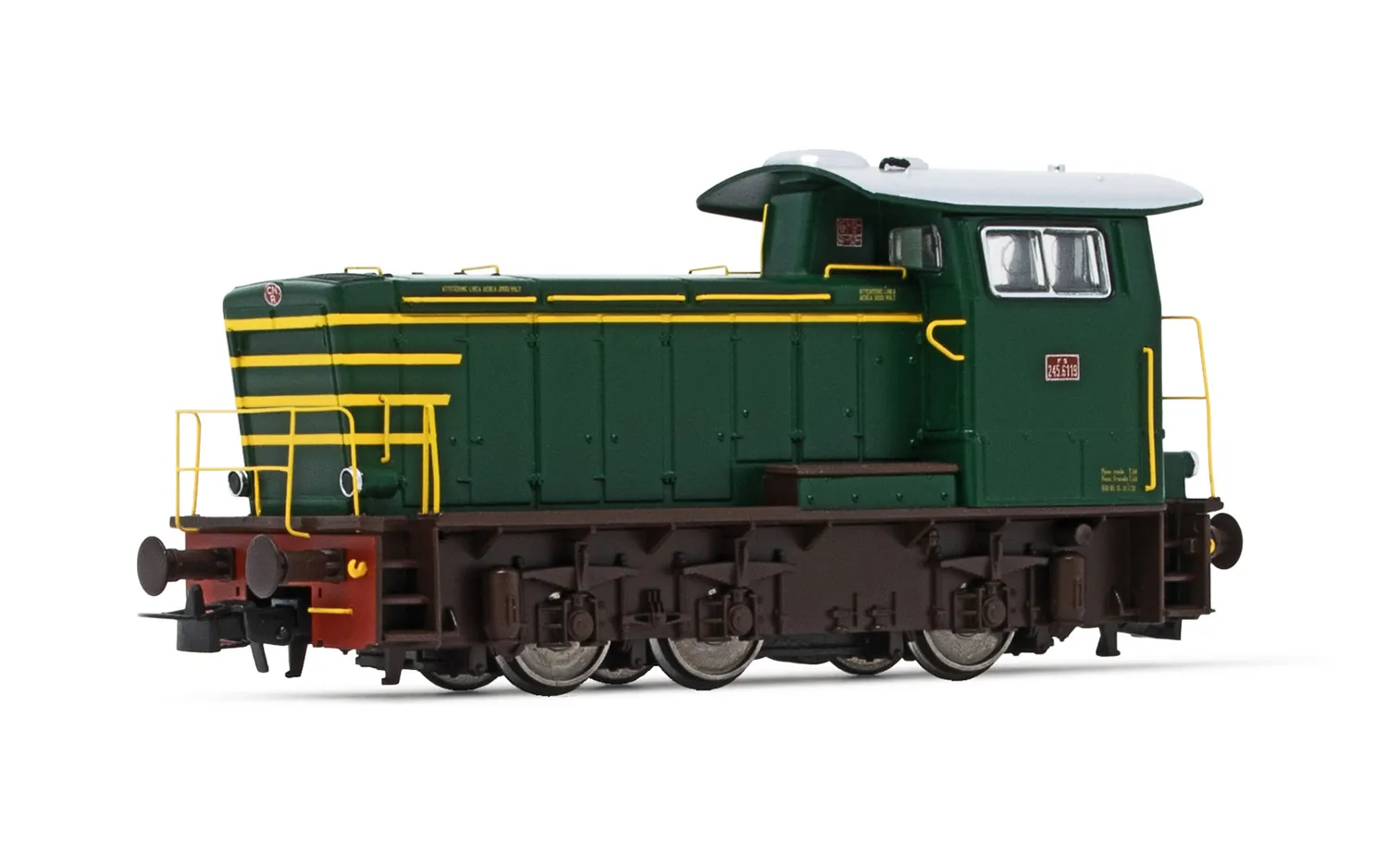 FS, locomotiva diesel da manovra gruppo 245, senza corrimani laterali, livrea verde con strisce gialle, ep. IV, con DCC sound decoder