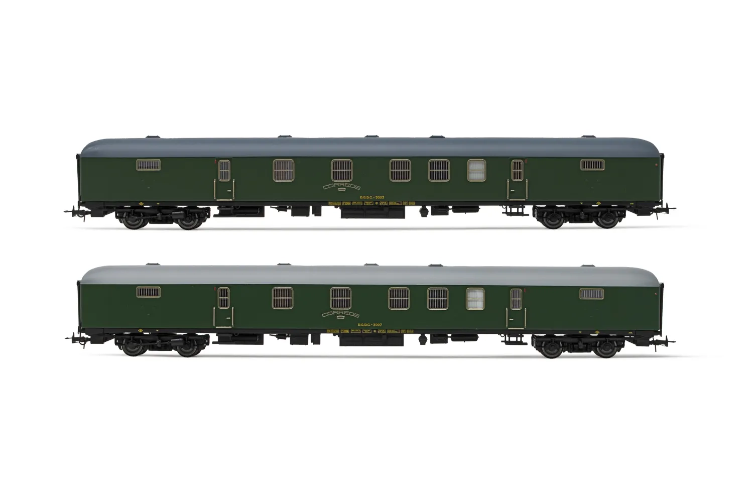 RENFE, set de 2 furgones postales DGDC-3000, decoración verde oliva, ép. III-IV