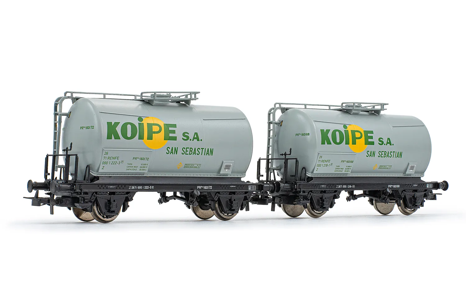 RENFE, 2-unit set of 2-axle tank wagons, grey livery, "Koipe", period IV. Suitable AC wheelsets for this item: HC6101 (11,27 x 24,25 mm)