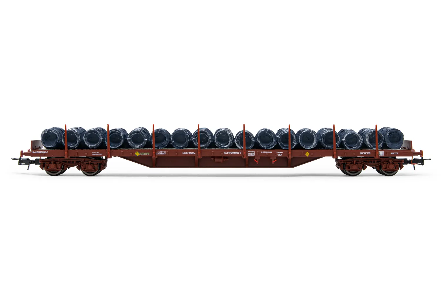 RENFE, 4-axle stake wagon MMQ, loaded with wire coils, period IV. Suitable AC wheelsets for this item: HC6100 (10,27 x 25,20 mm)