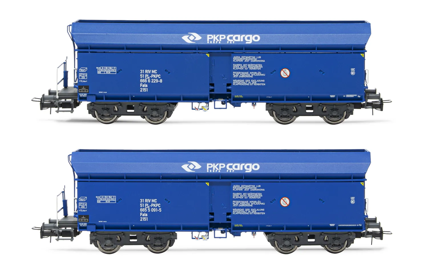 PKP, set di 2 carri tramoggia a scarico automatico a 4 assi, livrea blu "PKP Cargo", ep. V. Assi sostitutivi per corrente alternata: 11,00 x 23,30 mm