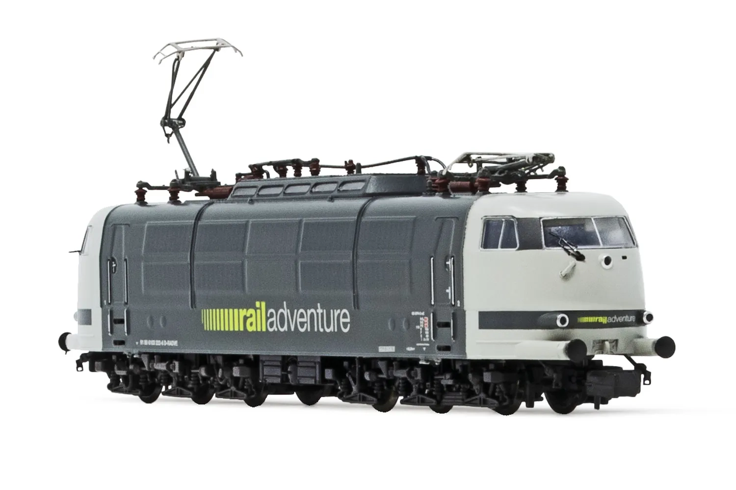 RailAdventure, Elektrolokomotive 103 222-6, mit langen Führerständen, Einholmstromabnehmer, in grauer Lackierung, Ep. VI