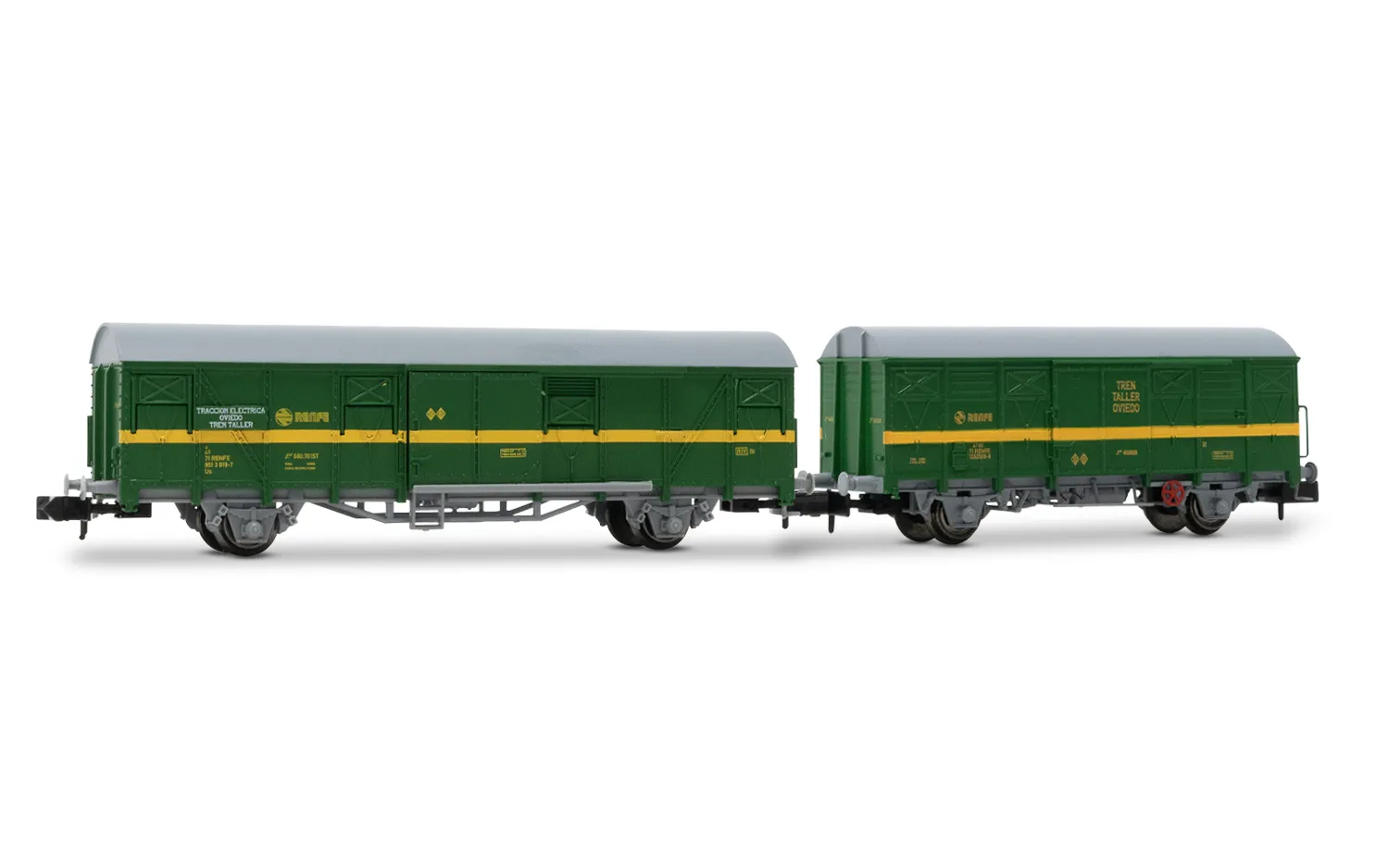 RENFE, 2-unit set of 2-axle closed wagons, green/yellow livery, "Tren Taller Oviedo", including 1 wagon J2 and 1 wagon J1, ep. IV-V