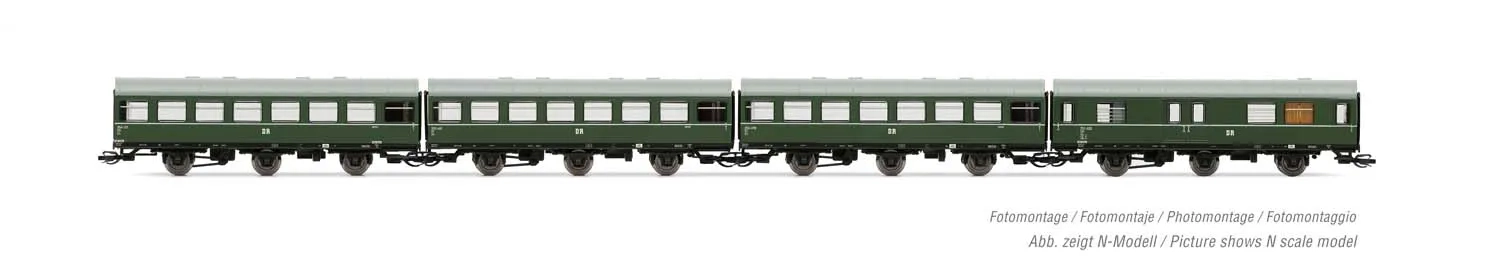 DR, 4-unit pack coaches "Rekowagen", contains one luggage van and three 3-axle coaches, dark green livery with one decor line, period III