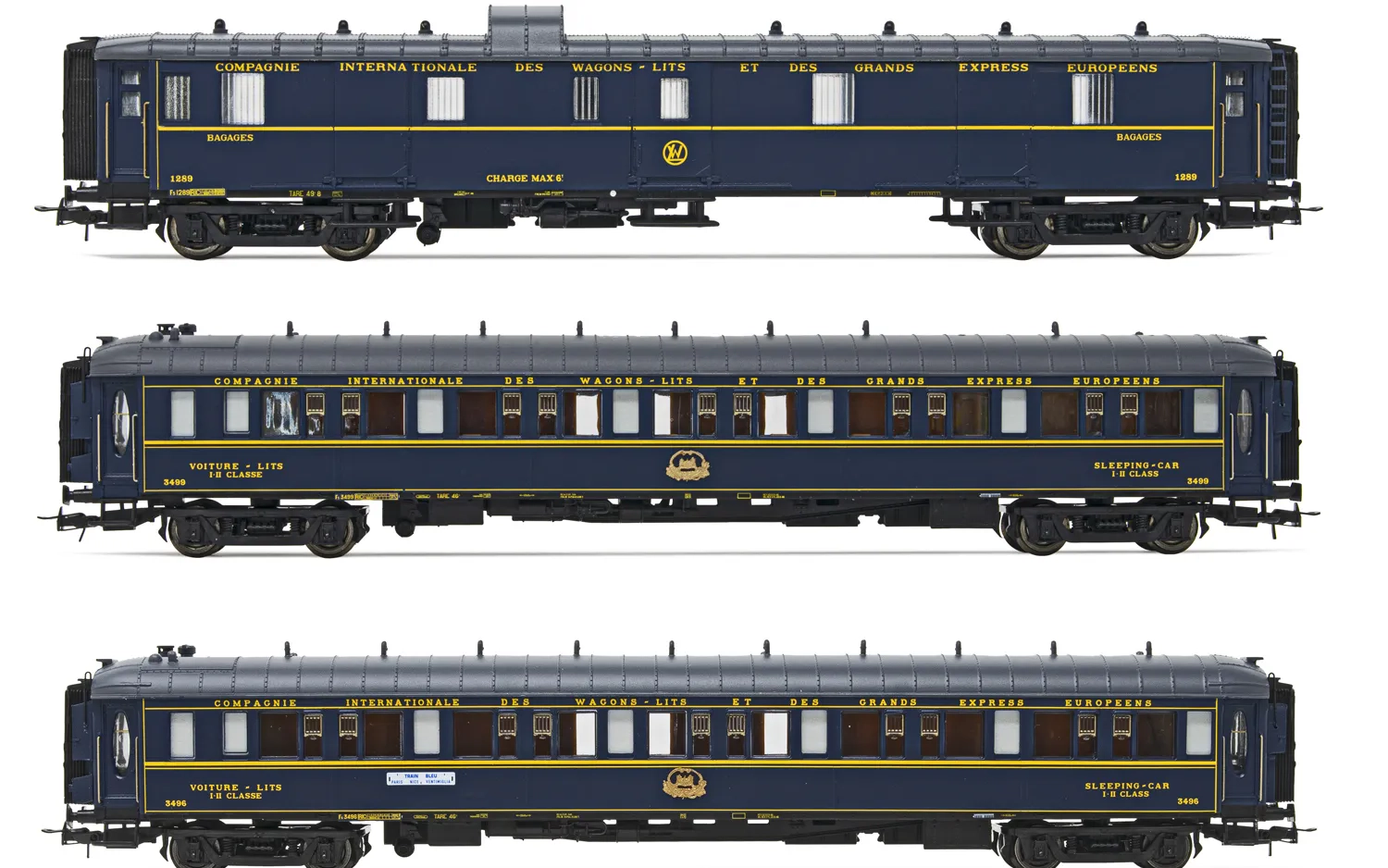 CIWL, coffret de 3 voitures «Train Bleu», composé de 1 fourgon et 2 voitures-lits Lx, ép. III