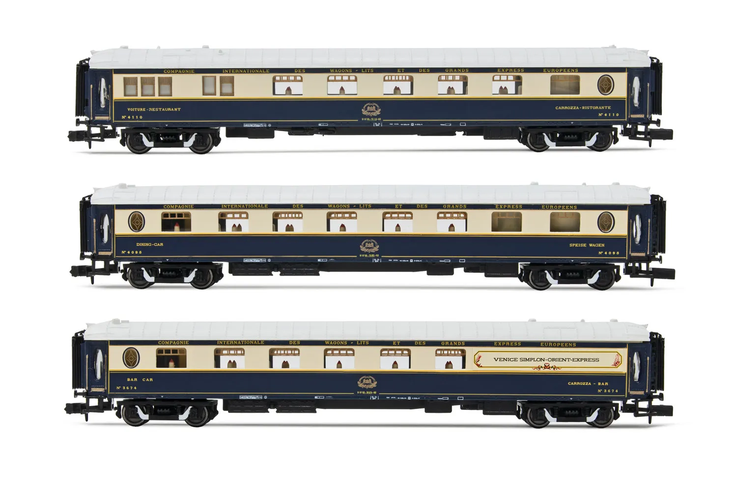 VSOE, 3-tlg. Set Wagen für den Zug „Venice Simplon Orient Express”, bestehend aus 1 x Speisewagen, 1 x Speisewagen mit Küche und 1 x Service-Wagen, Ep. IV-V