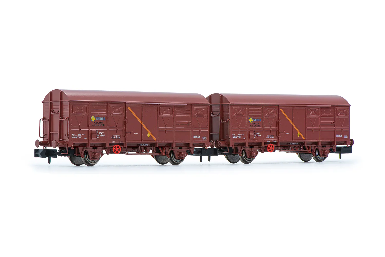 RENFE, 2-unit set of 2-axle closed wagons J2, "vagones aislantes" livery, period IV-V