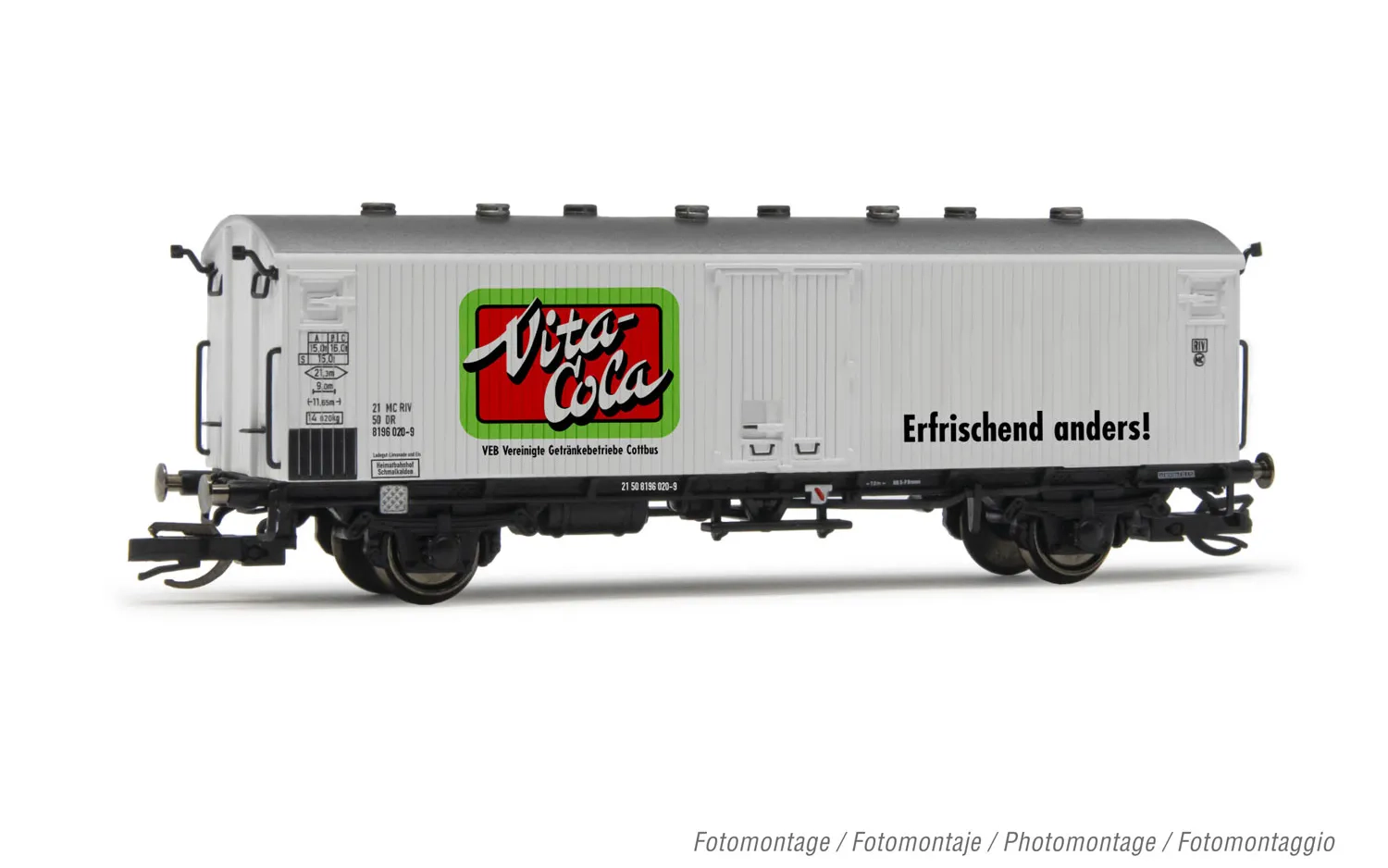DR, vagón refrigerado de 2 ejes Tnbs ingles para transporte por ferry boat, decoración «Vita-Cola», ép. IV