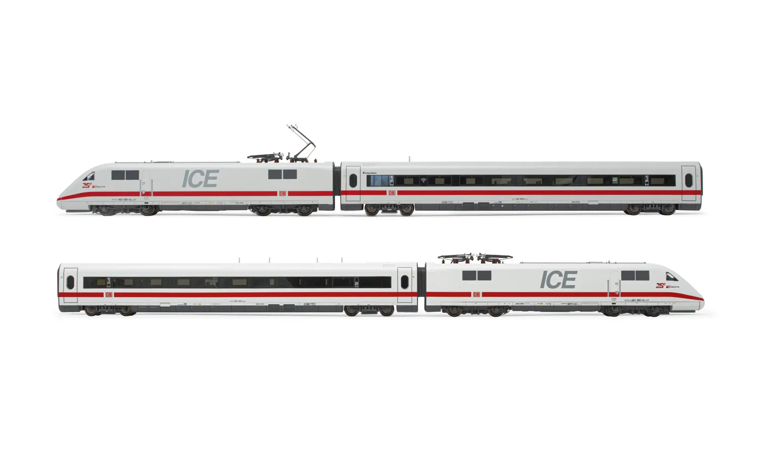 DB AG, set di 4 unità, elettrotreno ad alta velocità ICE 1 BR 401, livrea bianca/rossa, con pantografi aggiuntivi per la Svizzera Tz. "Interlaken", composto da locomotiva motorizzata, locomotiva folle e 2 carrozze intermedie, ep. V-VI