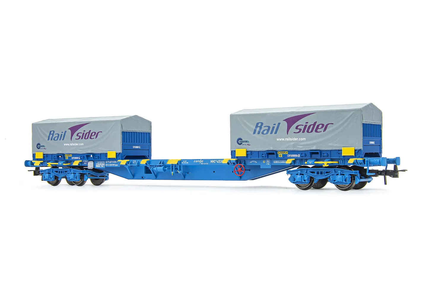 RENFE, 4-axle container wagon MMC3, blue livery, loaded with two 20’ coil containers “Cadfer/Railsider”, period VI