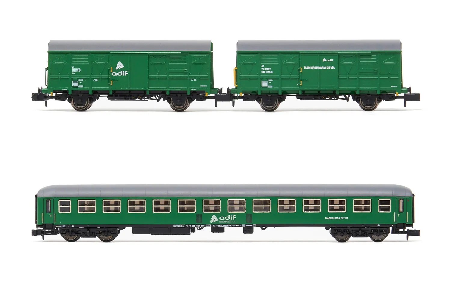ADIF, 3-unit pack, 2 x J2 wagon + SSV-500 coach, green livery, ep. VI