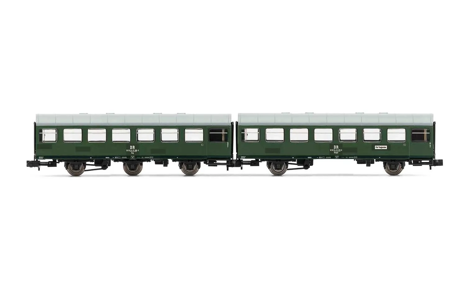 DR, 2-unit set coaches "Rekowagen", "patches livery"(green), contains one 3-axle coach and one 2-axle coach with load compartment, period IV