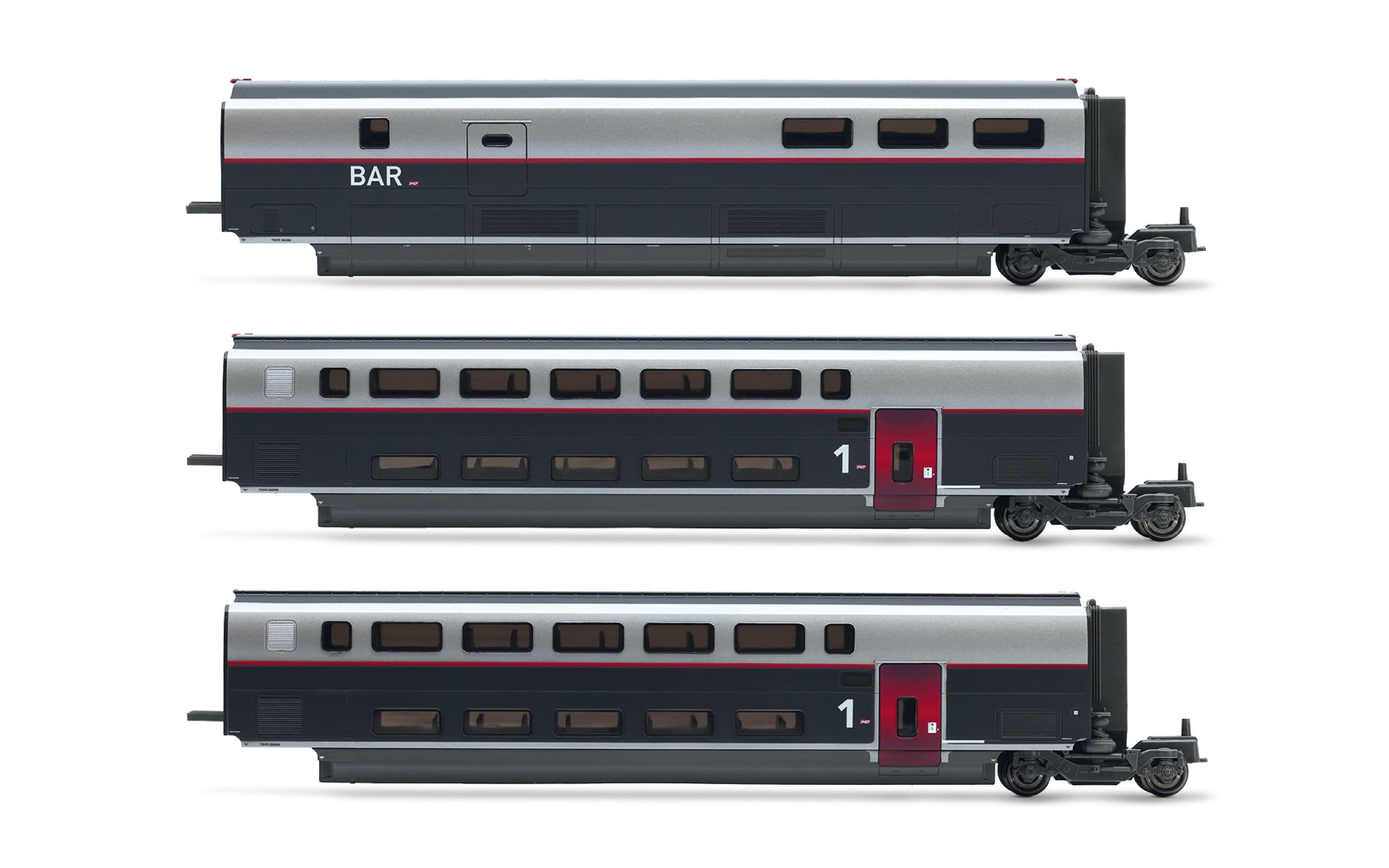 SNCF, coffret supplémentaire de 3 voitures, TGV Duplex Carmillon, composé de 2 voitures de ex 1ére classe et 1 voiture bar, ép. VI