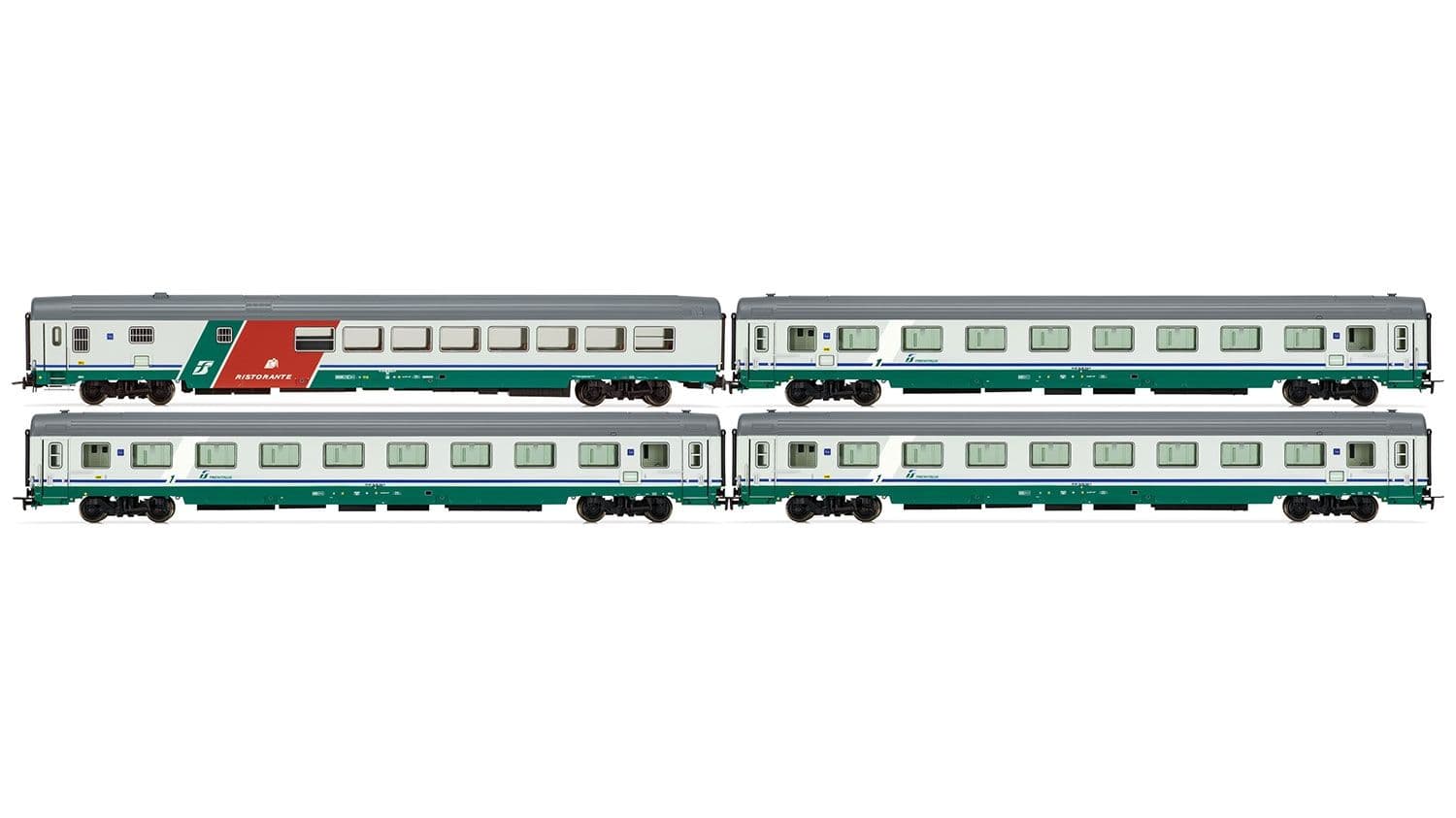 FS, set of 4 Gran Confort Coach 85 88 series in XMPR livery with restaurant coach 87 series with ribbed roof with second logo type, period Vb