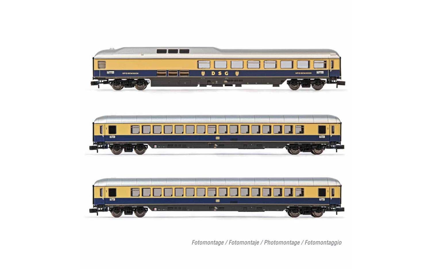 DB, ensemble de 3 voitures "Rheingold", composé de voiture restuarant et 2 voitures Apmh, livrée bleue, ép. III