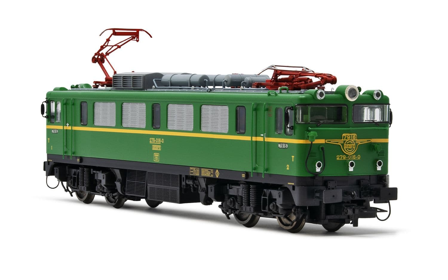 RENFE, locomotora eléctrica clase 279, decoración verde/amarillo, ép. IV