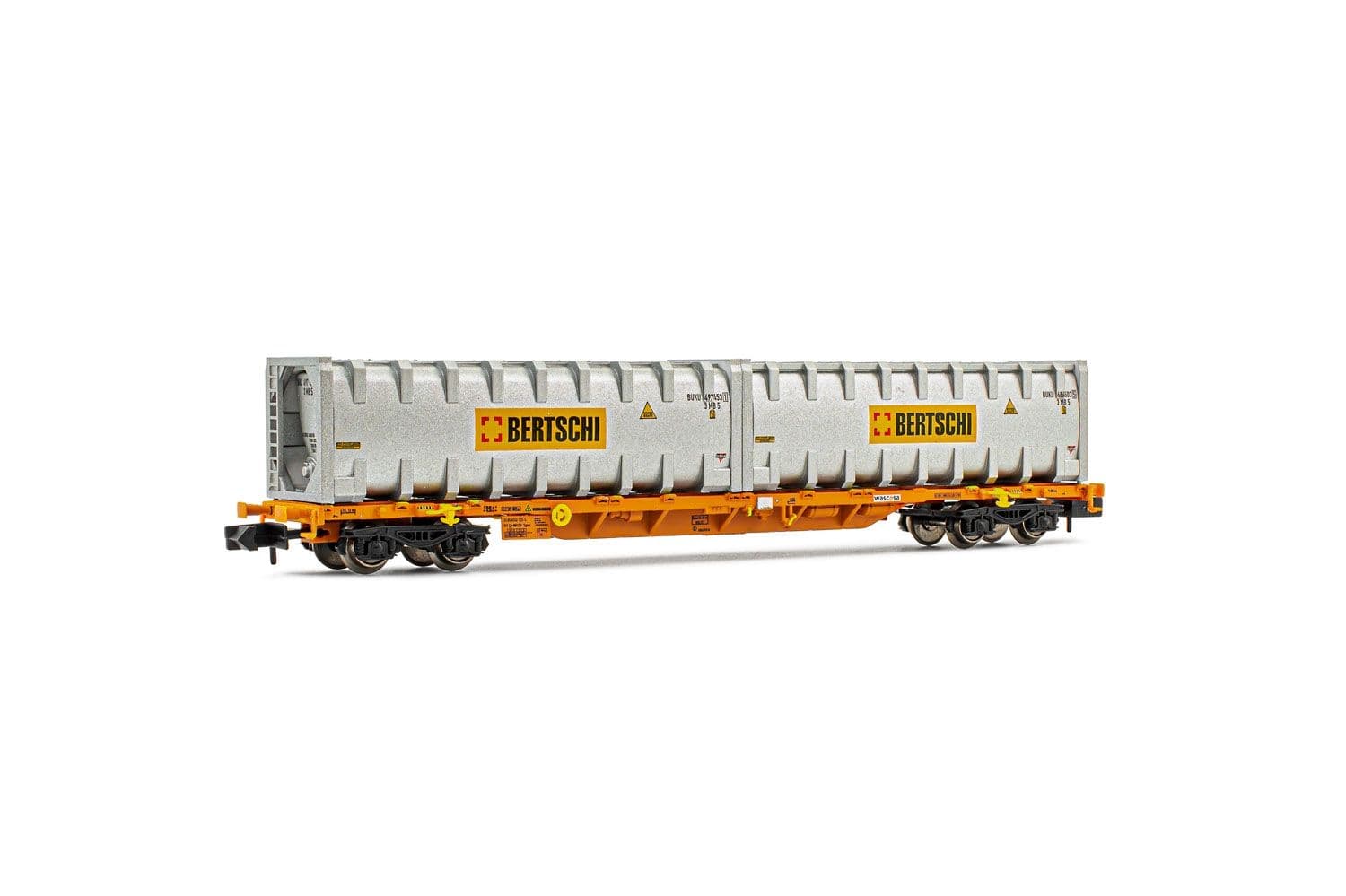 WASCOSA, vierachsiger Containerwagen, beladen mit 2 x 30’ Bulk-Containern “Bertschi”, Ep. VI