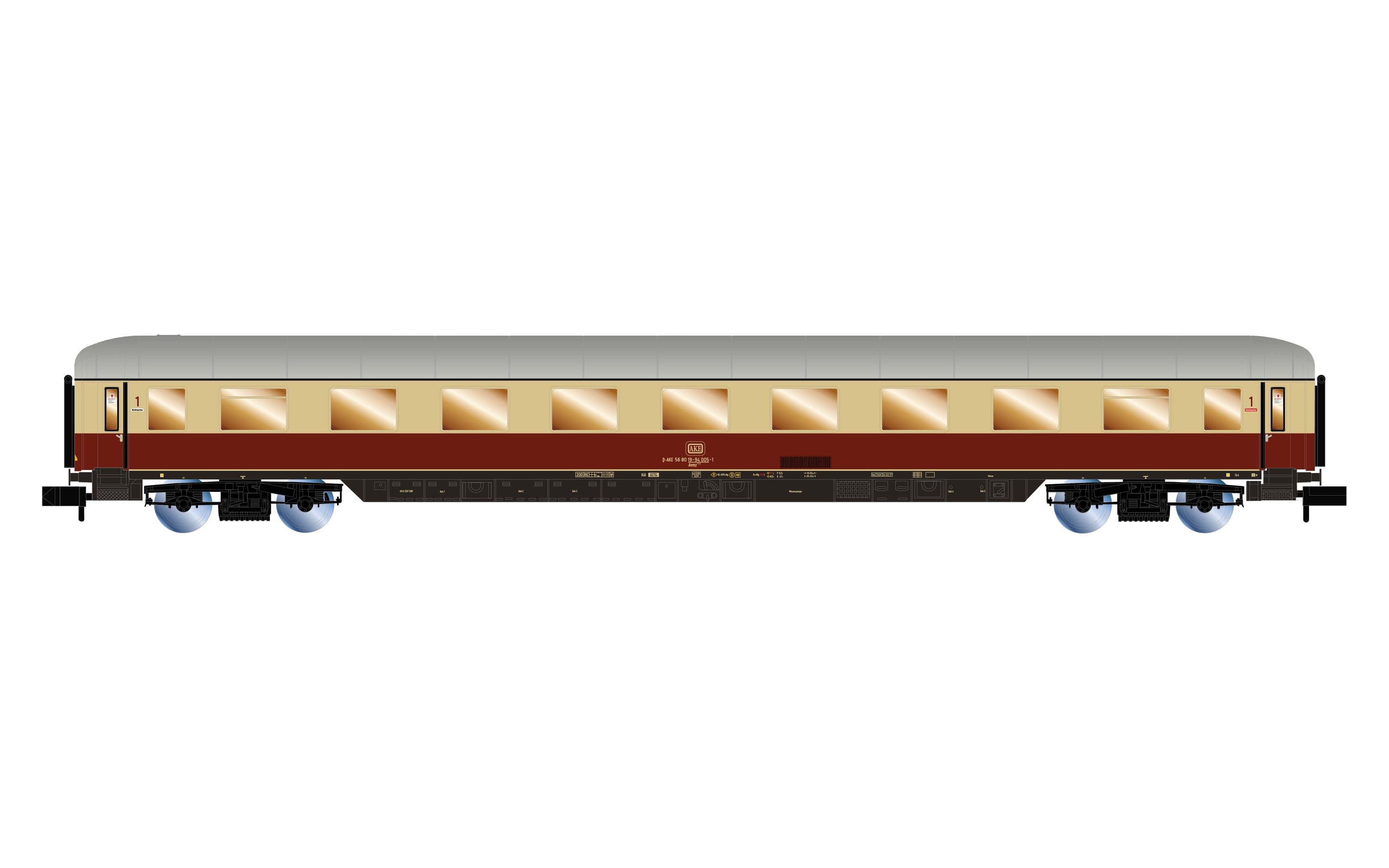 AKE, 3-tlg. Set „Rheingold", Set 1/2, bestehend aus 1 x Aussichtswagen ARDm + 1 x Clubwagen WGmh + 1 x Wagen Avmz, Ep. VI