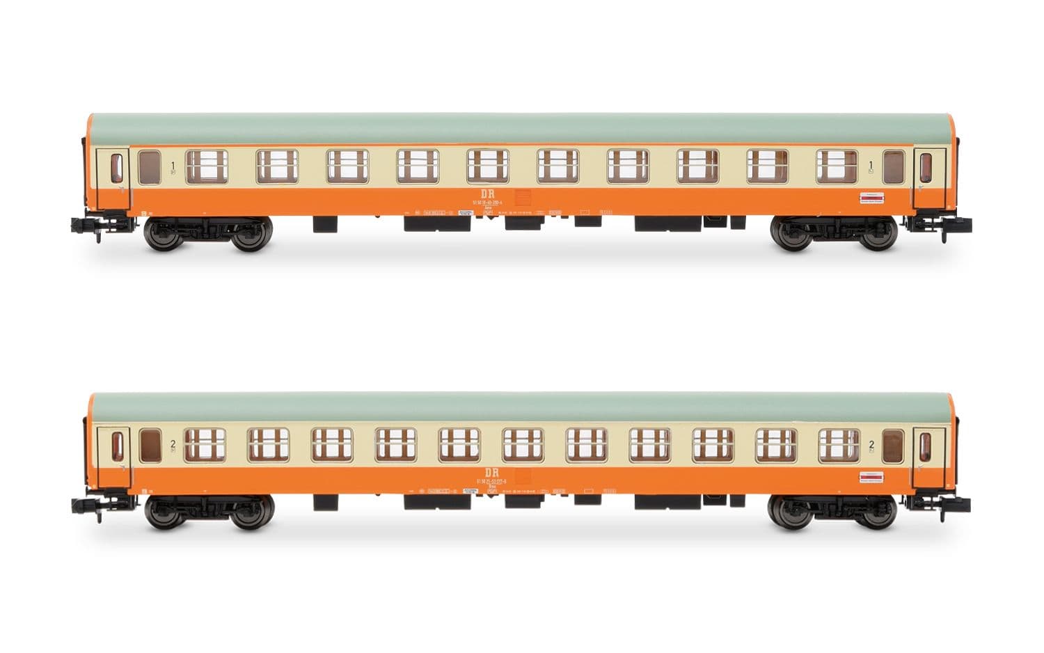 DR, 2-tlg. Set Reisezugwagen „Städte-Express“, in orange-beiger Farbgebung, bestehend aus 1 x 1.Klasse Wagen und 1 x 2.Klasse Wagen, Ep. IV