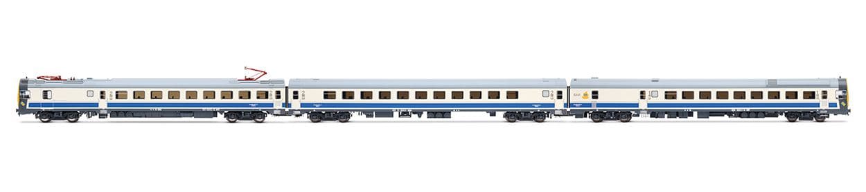 RENFE, automotor eléctrico serie 444, unidad 444-011, decoración azul/blanca, ép. V