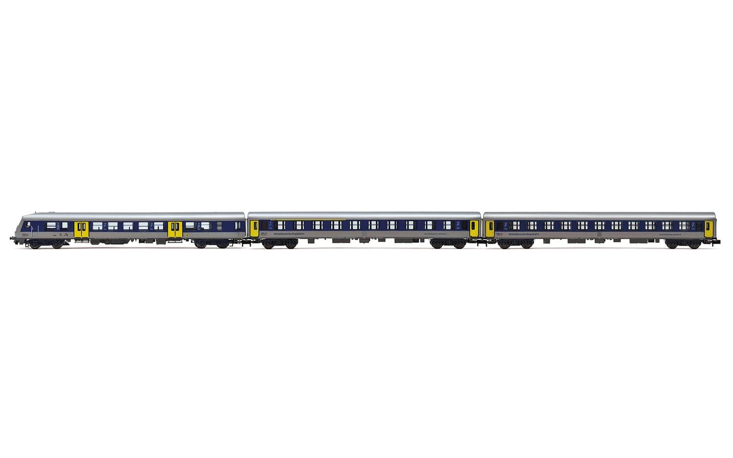 MRB, coffret de 3 voitures régionales, livrée argent/bleu, composé de 1 x voiture Bybdzf et 2 x voitures Bom, ép. VI