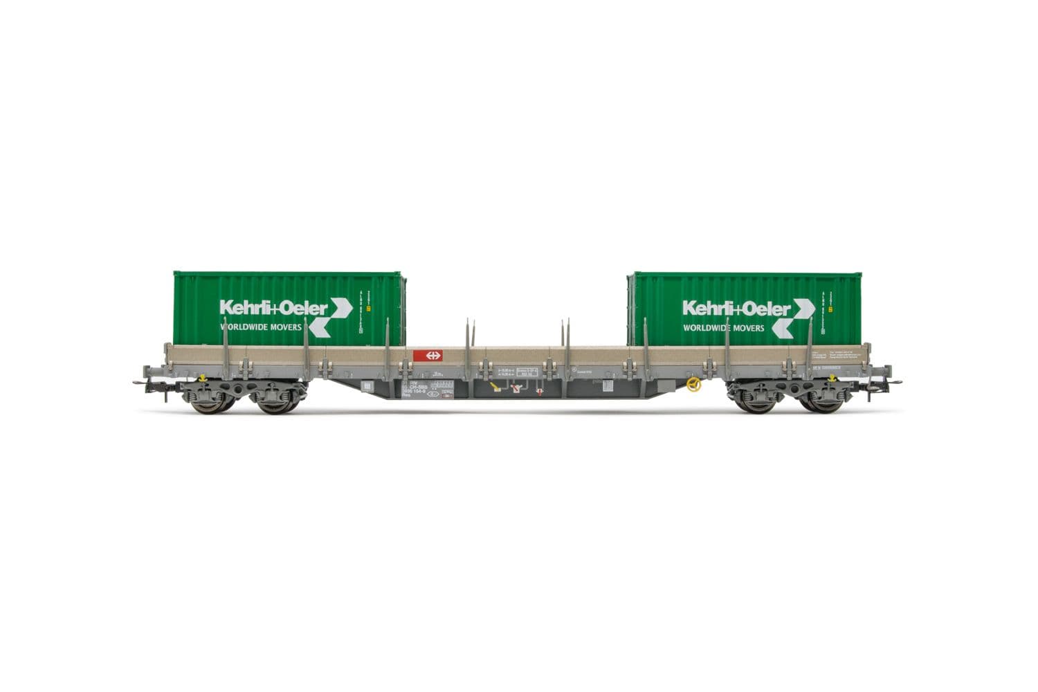 SBB, 4-achs. Flachwagen Res, in grauer Lackierung, beladen mit 2 x 20' Container "Kehrli &amp; Oeler", Ep. VI