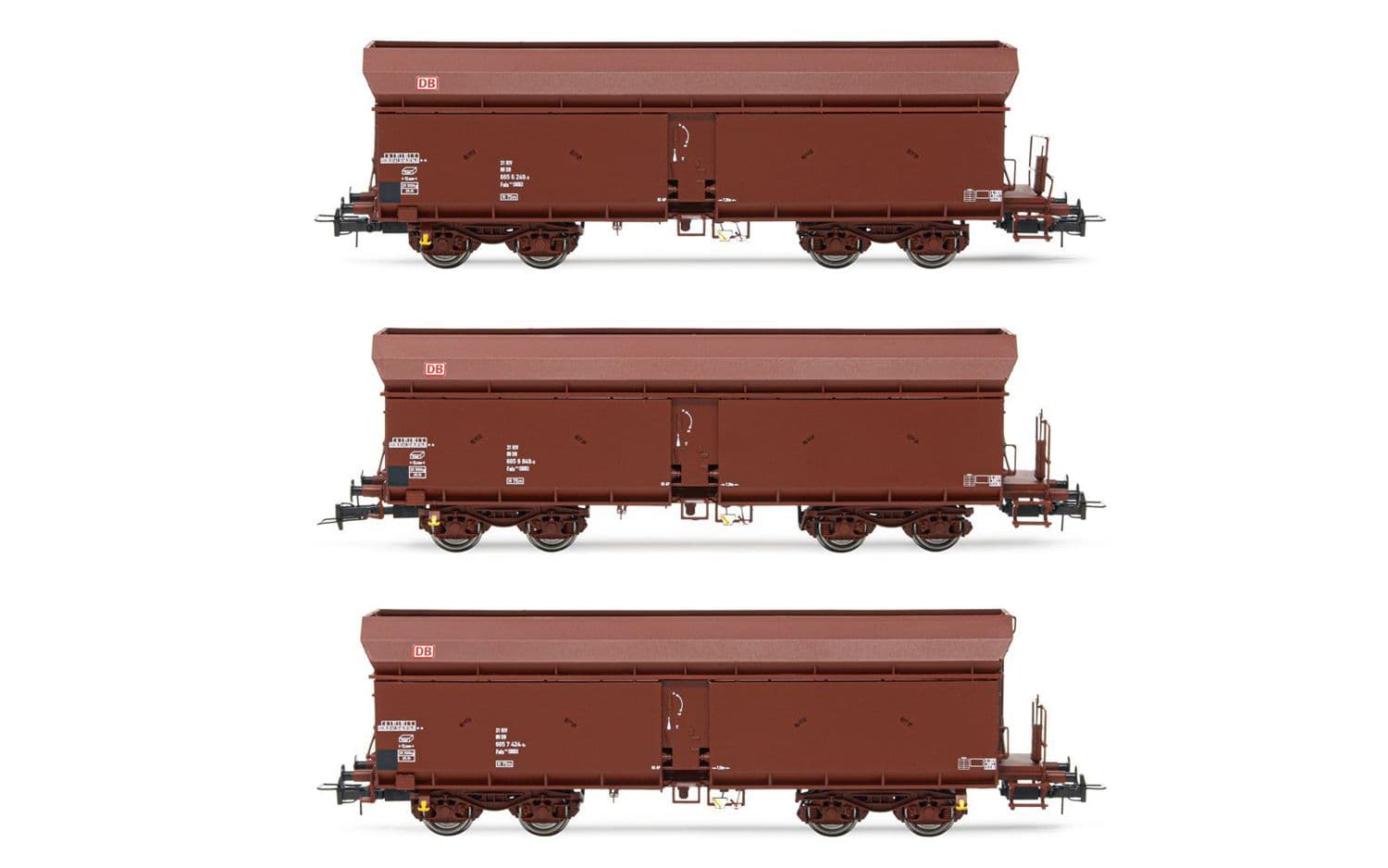 DB AG, 3-unit set of 4-axle self-discharging wagons Fals 164, brown livery, period V. Suitable AC wheelsets for this item: 10,40 x 23,30 mm