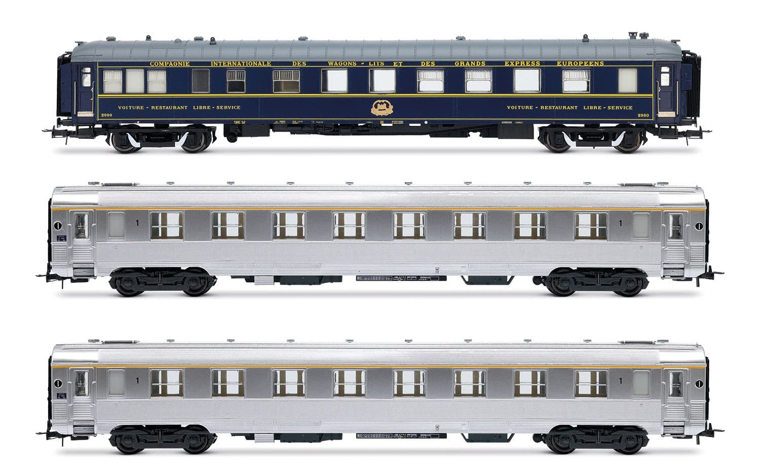 SNCF, 3-unit pack of "Sud Express", CIWL restaurant coach + 2 x DEV Inox short, no. 1/2