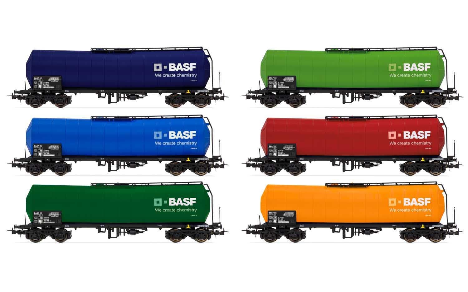 D-BASF, 6-unit display of 4-axle tank wagons, different liveries, period VI. Suitable AC wheelsets for this item: HC6100 (10,27 x 25,20 mm)