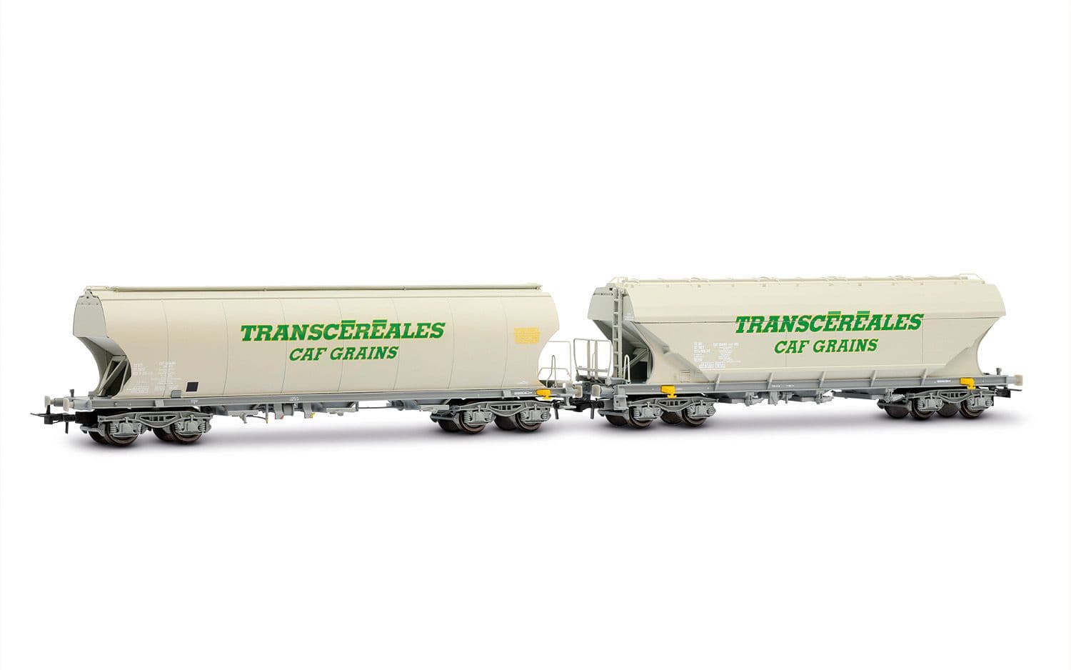 SNCF, coffret de 2 wagons-trémies céréaliers « Transcéréales – CAF Grains », avec parois plates + bombées, ép. IV-V
