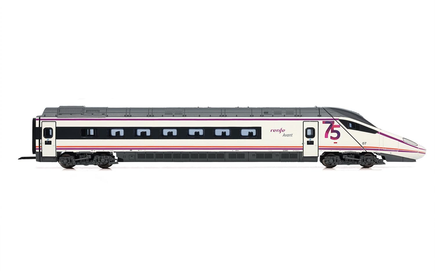 RENFE, set de 4 unidades, automotor eléctrico de alta velocidad S-114, decoración «75 aniversario RENFE», ép. VI